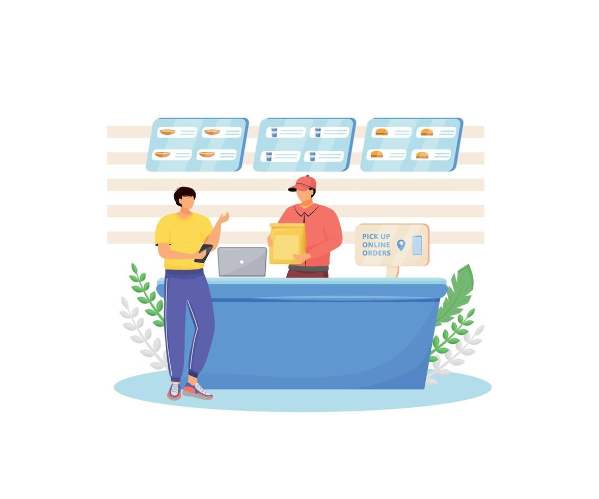 Fast food seller and buyer flat color vector faceless characters. Restaurant-controlled online food ordering, cafe cash register isolated cartoon illustration for web graphic design and animation