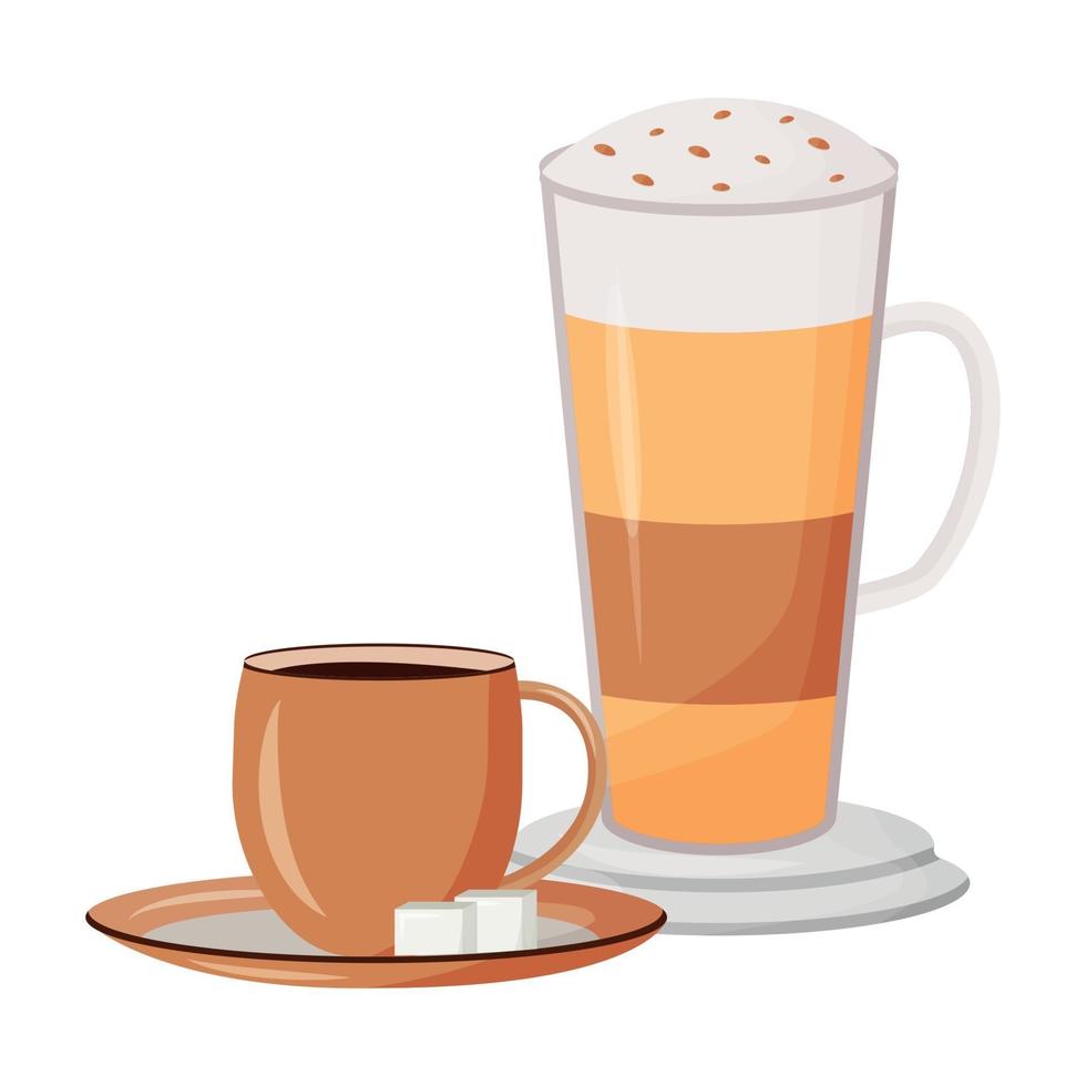 Ilustración de vector de dibujos animados de café. bebida de cafeína en capas. macchiato de caramelo con crema batida. té negro. tazas con objeto de color plano de bebidas calientes. capuchino aislado sobre fondo blanco