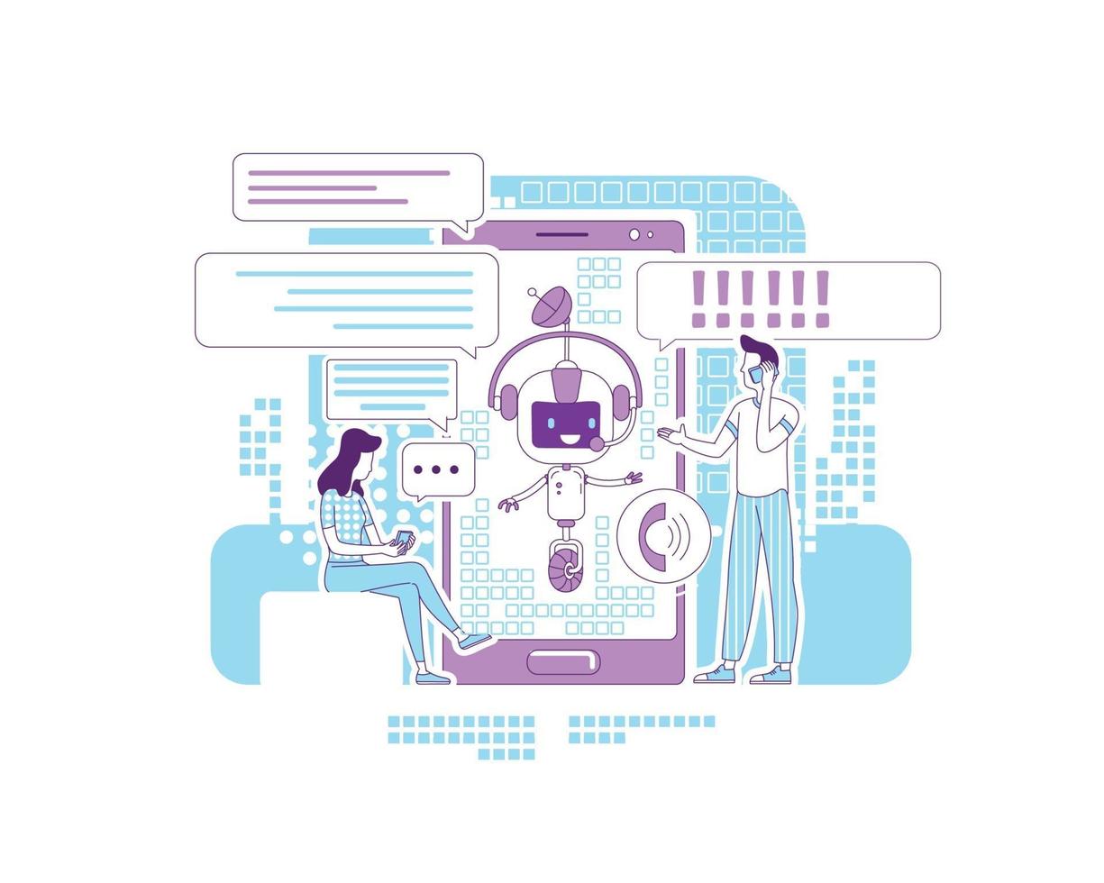 Chatbot app thin line concept vector illustration. Online communication application. People talking with bot 2D cartoon characters for web design. Social networks support service creative idea