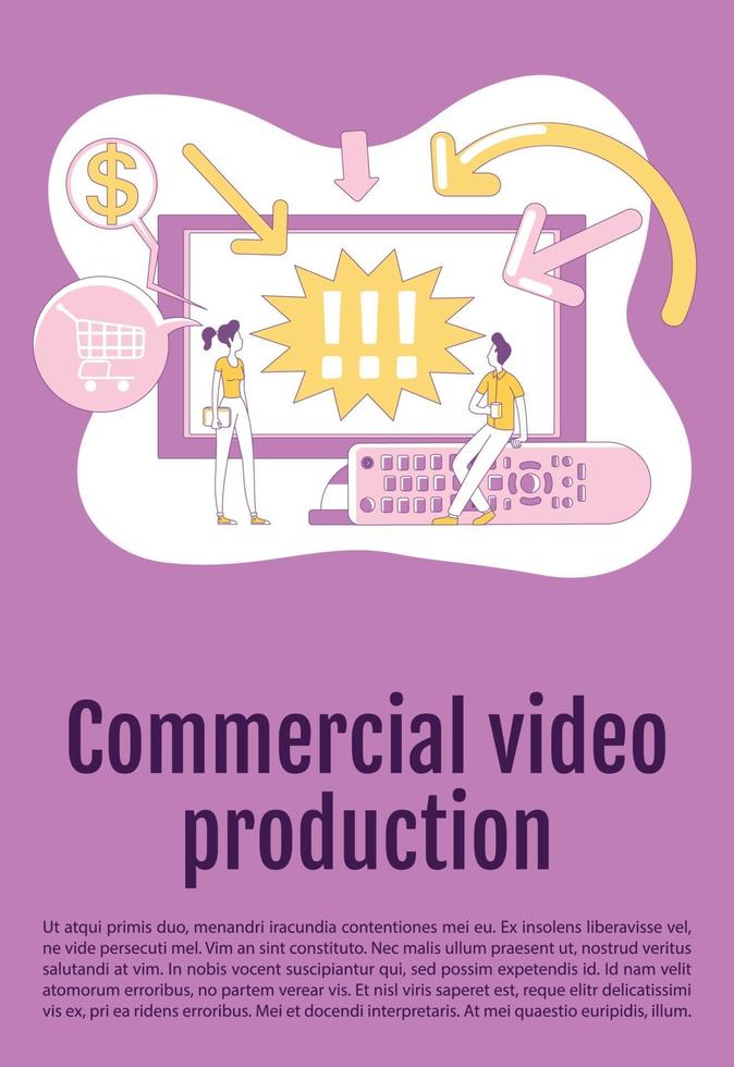 Commercial video production poster flat silhouette vector template. TV advertising brochure, booklet one page concept design with cartoon characters. Content marketing flyer, leaflet with text space