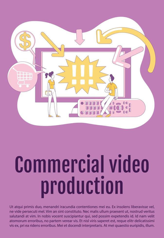 Plantilla de vector de silueta plana de cartel de producción de video comercial. Folleto publicitario de televisión, folleto de diseño de concepto de una página con personajes de dibujos animados. folleto de marketing de contenidos, folleto con espacio de texto