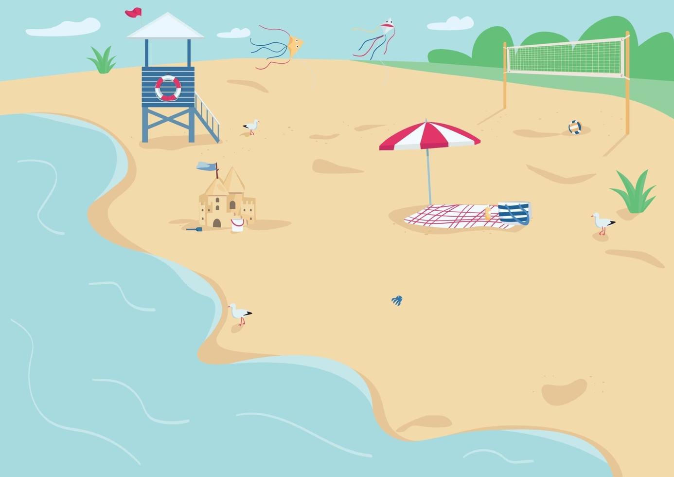 Ilustración de vector de color plano de playa de arena. manta con sombrilla, torre de salvavidas y red de voleibol. vacaciones de verano, recreación. paisaje de dibujos animados en 2d de la costa con agua en el fondo