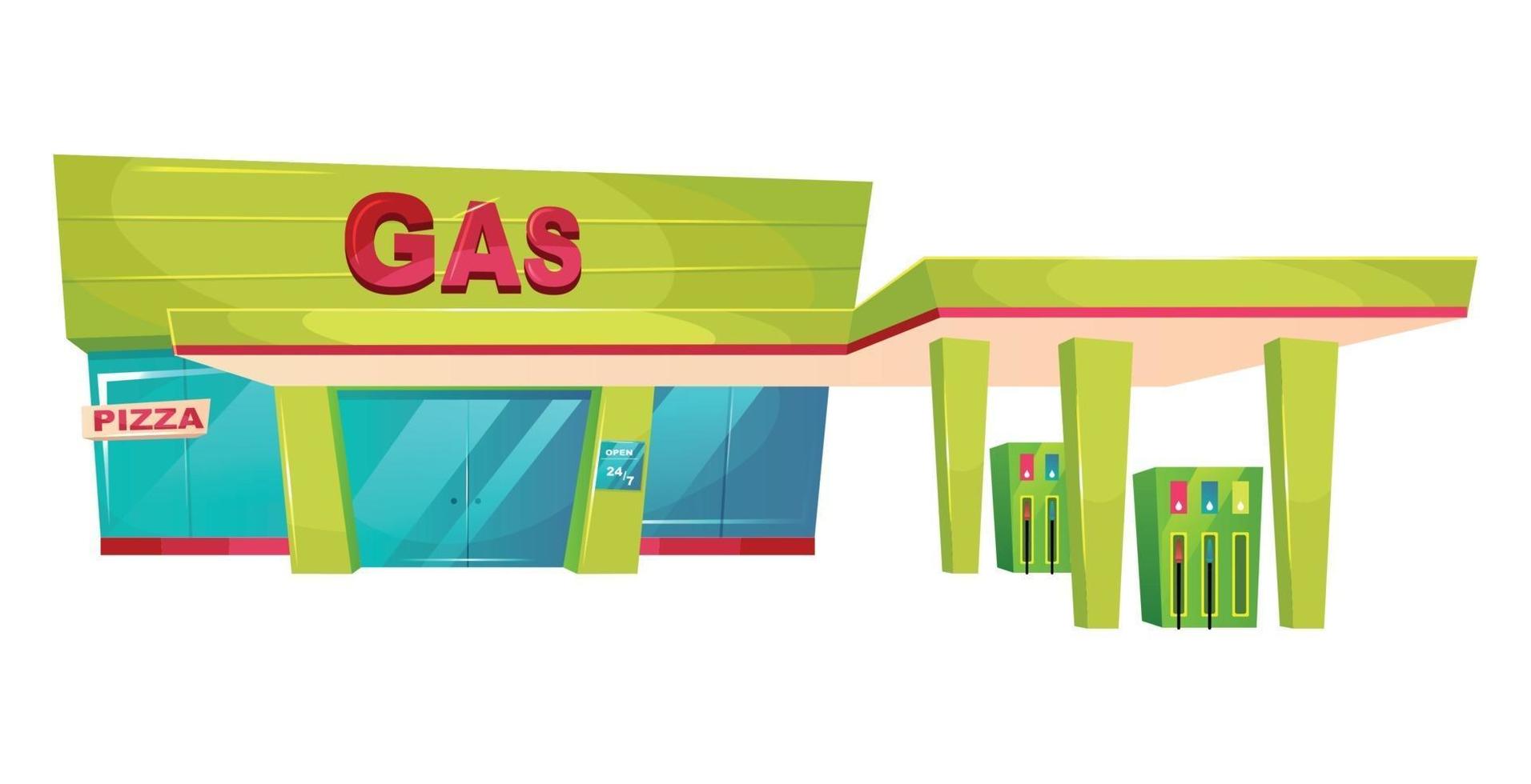 Ilustración de vector de dibujos animados exterior de gasolinera. Objeto de color plano frontal de tienda de recarga de gasolina. Bomba de aceite y gasolina para transporte. Fachada del edificio de combustible de coche aislado sobre fondo blanco.