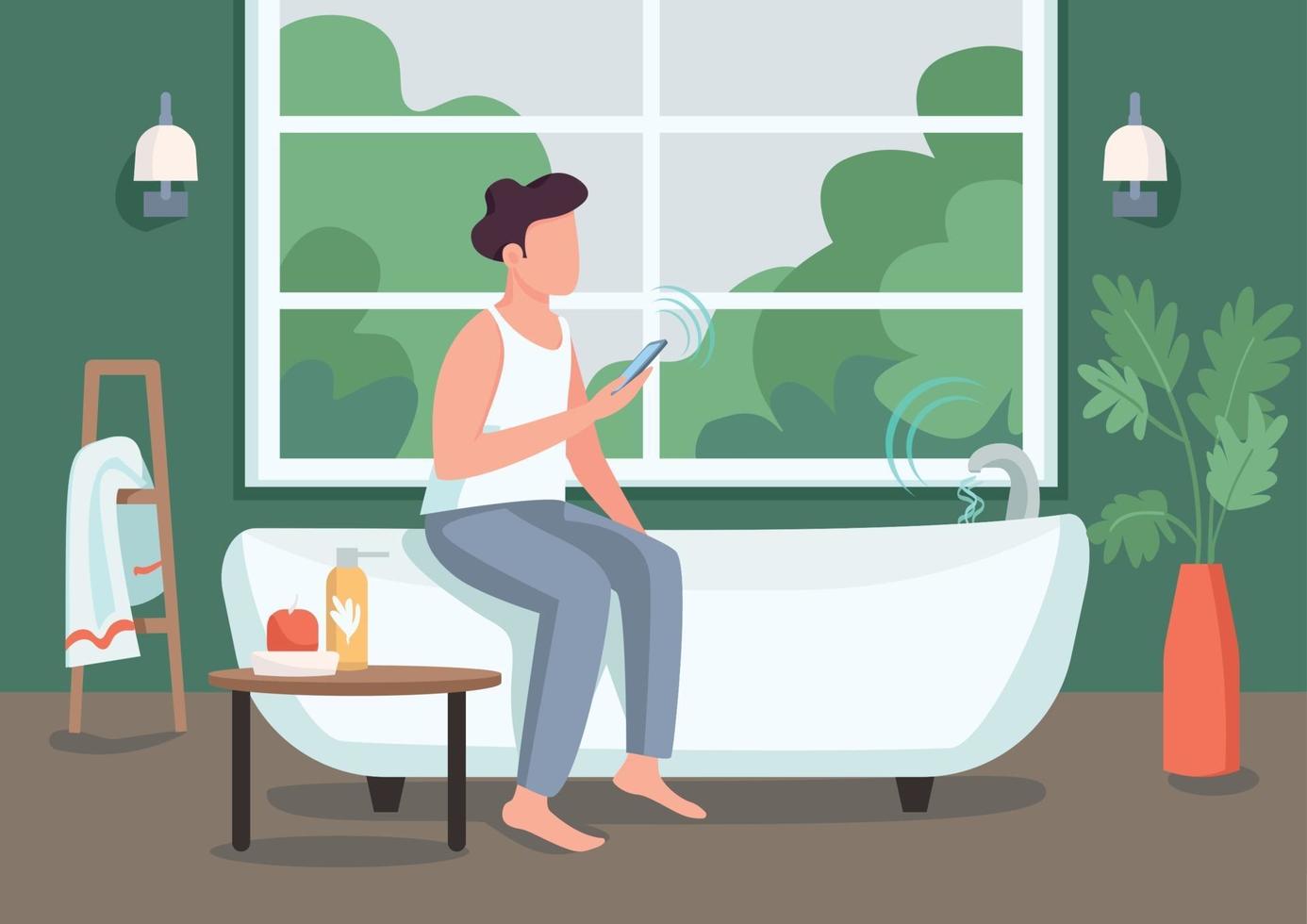 Guy in smart bathroom flat color vector illustration. Young man with smartphone 2D cartoon character with automated bathtub on background. Remote water flow control. Innovative technology in life