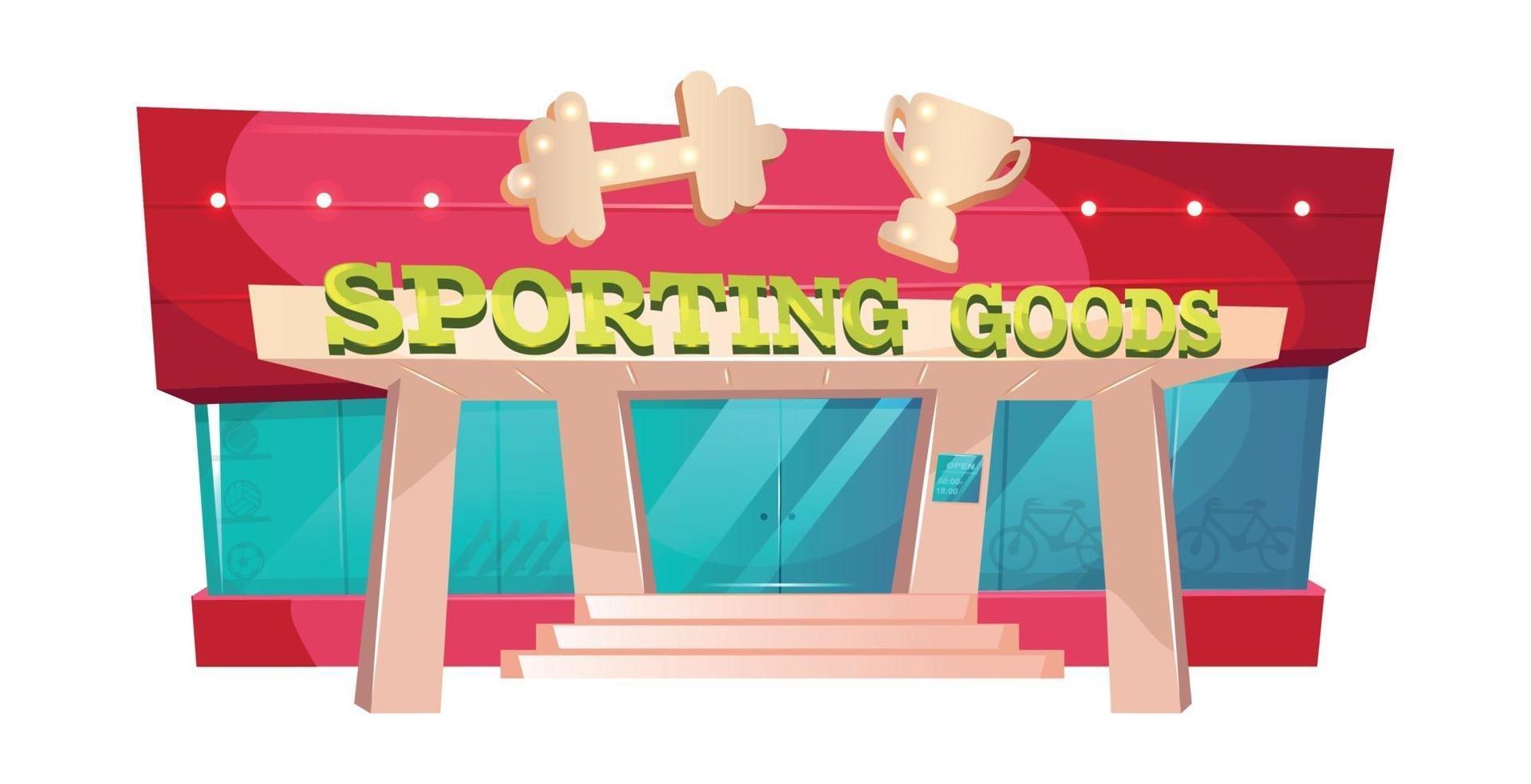 Sporting goods cartoon vector illustration. Fitness gear shop front. Gym exterior flat color object. Supermarket of sportswear for exercise. Sport equipment store exterior isolated on white background