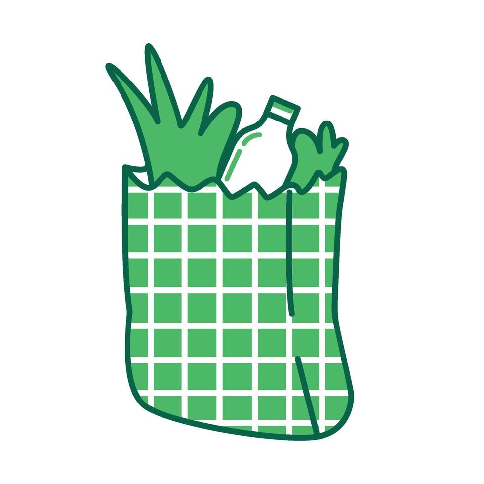 bolsa de compras, paquete de producto objeto lineal verde. paquete de papel con alimentos, símbolo de línea fina de embalaje de mercado. Artículo de supermercado, bolsa de supermercado ilustración de contorno aislado sobre fondo blanco. vector