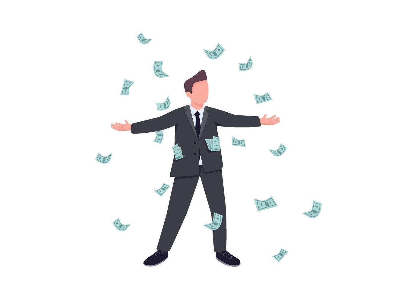 Millionaire flat color vector faceless character. Male winner enjoy cash prize. Person win jackpot in casino. Gambling entertainment player. Man in rain of falling money isolated cartoon illustration