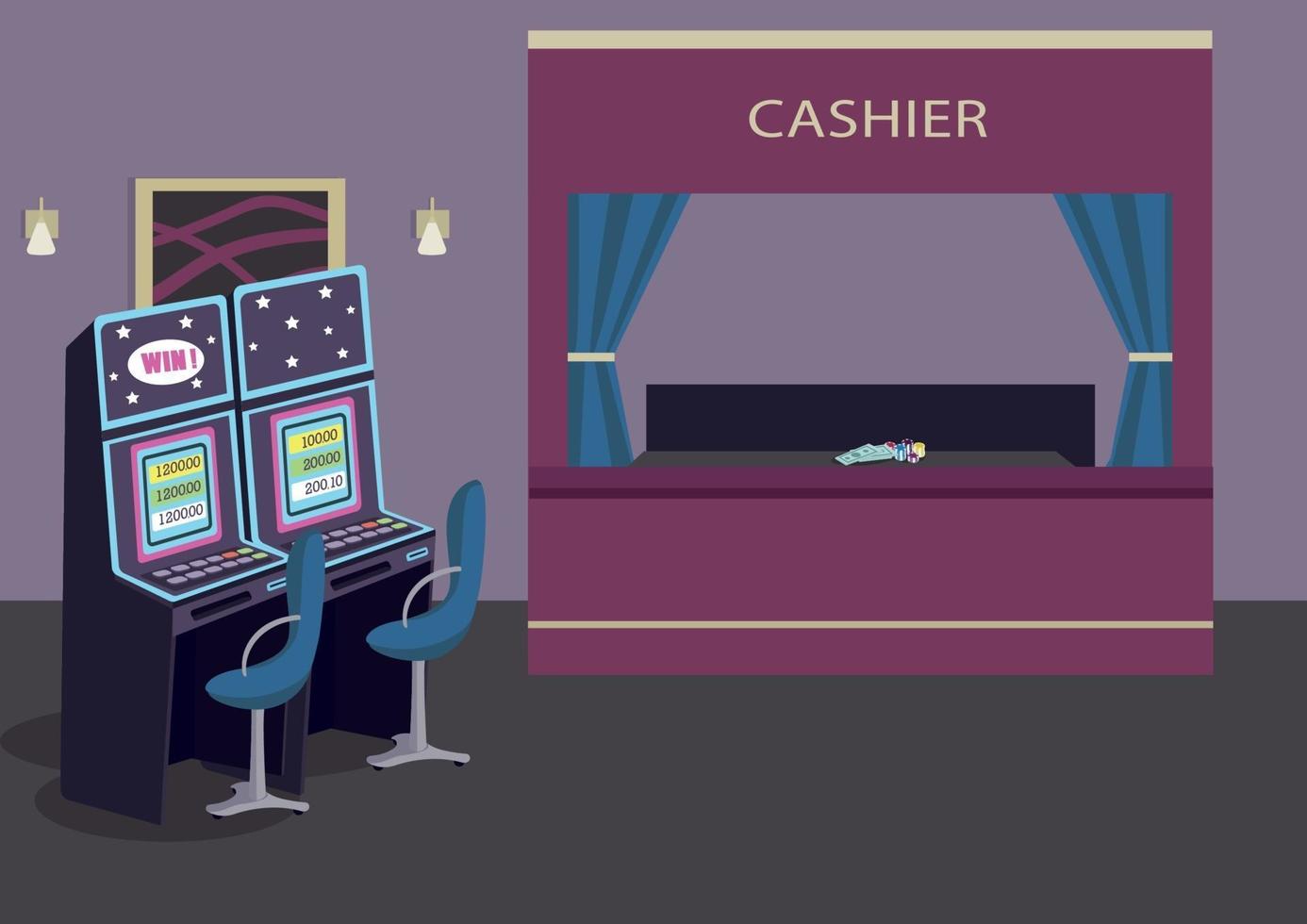 Ilustración de vector de color plano de fila de máquinas tragamonedas. establecimiento de juegos de azar. entretenimiento en hoteles de lujo. juego de azar para ganar dinero. Sala de casino 2d interior de dibujos animados con mostrador de caja en el fondo