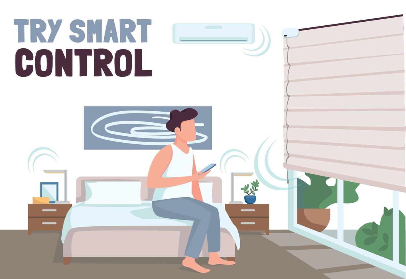 pruebe la plantilla de vector plano de banner de control inteligente. Folleto de tecnología iot, diseño de concepto de cartel con personajes de dibujos animados. Folleto horizontal de automatización del hogar moderno, folleto con lugar para texto