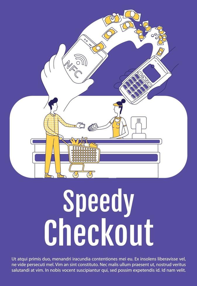 Speedy checkout poster flat silhouette vector template. Mobile payment. Brochure, booklet one page concept design with cartoon characters. Contactless payment system flyer, leaflet with text space