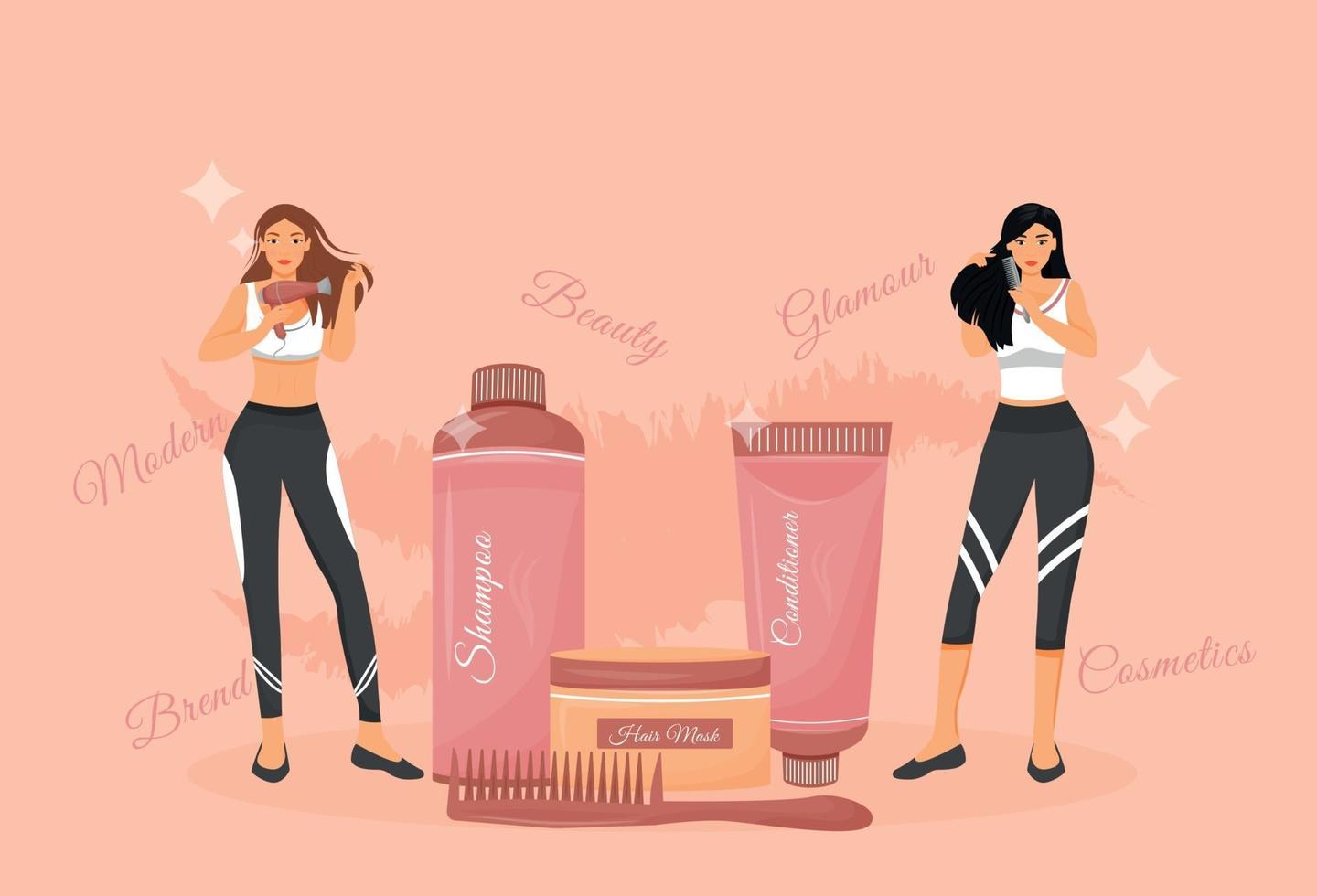 Ilustración de vector de concepto plano de productos y procedimientos de cuidado del cabello. Mujeres con secador de pelo y peine con champú y acondicionador Personajes de dibujos animados 2d para diseño web. idea creativa de rutina de cuidado del cabello