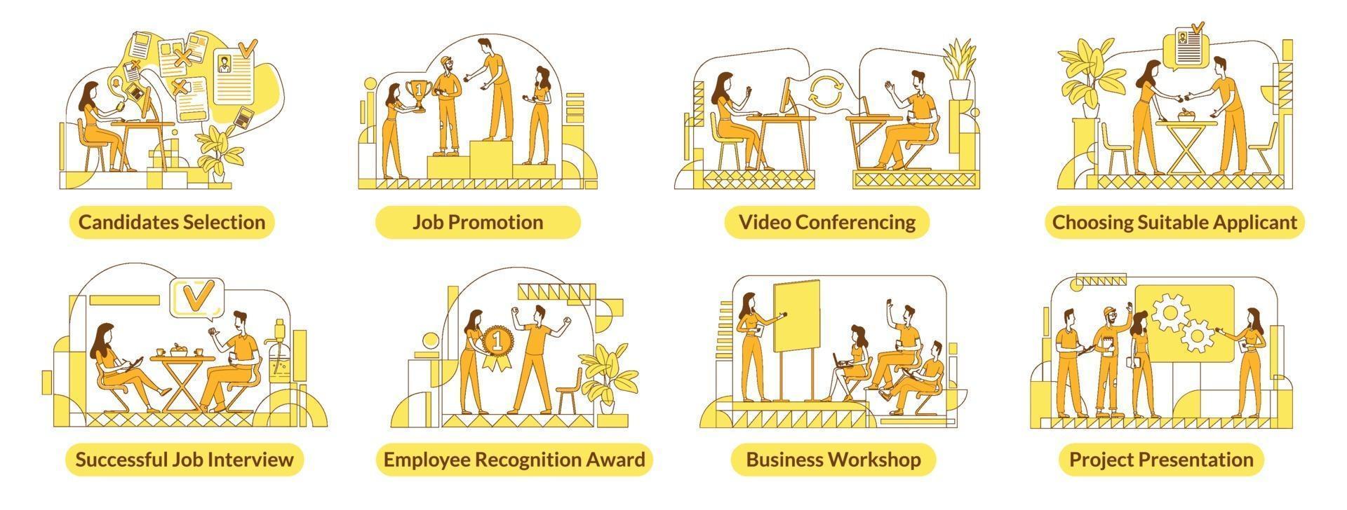 Hiring flat silhouette vector illustrations set. Business company employees outline characters on white background. HR management, recruitment services, headhunting simple style drawings pack