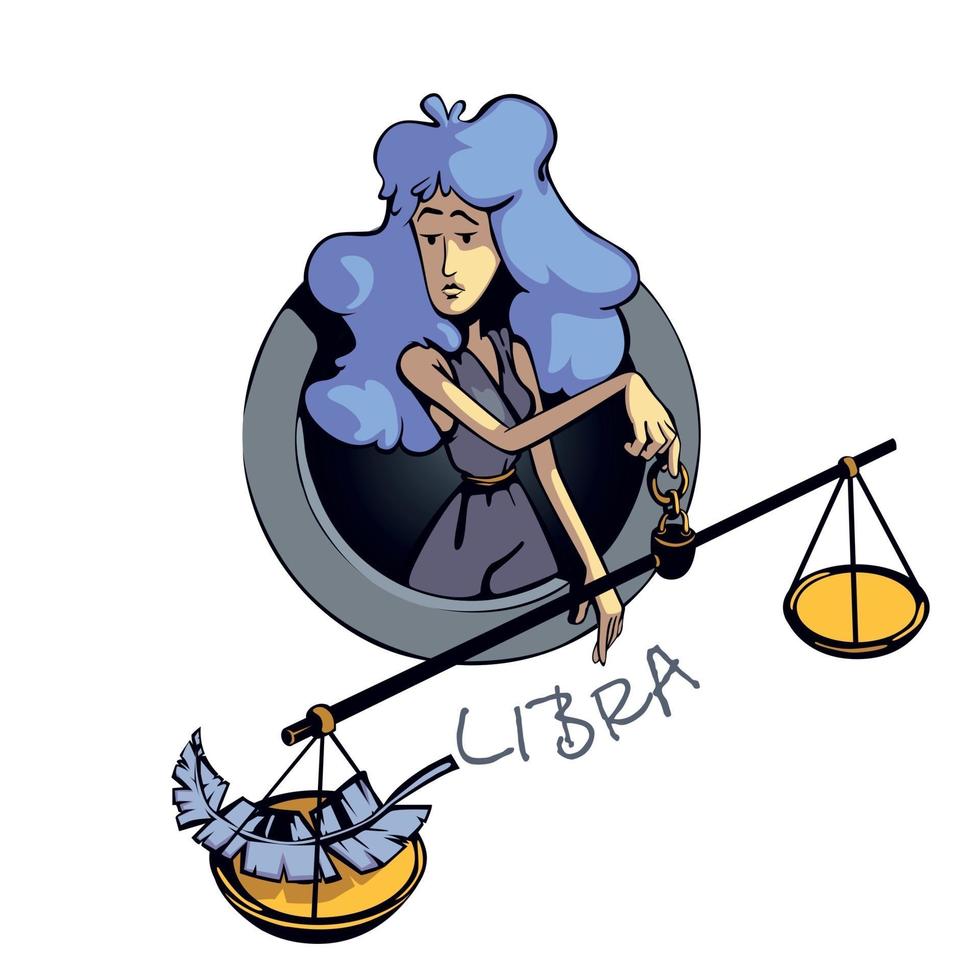 Ilustración de vector de dibujos animados planos de mujer de signo del zodiaco libra. características del símbolo astrológico del aire, dama con escalas. carácter 2d listo para usar para diseño comercial, de impresión. icono de concepto aislado