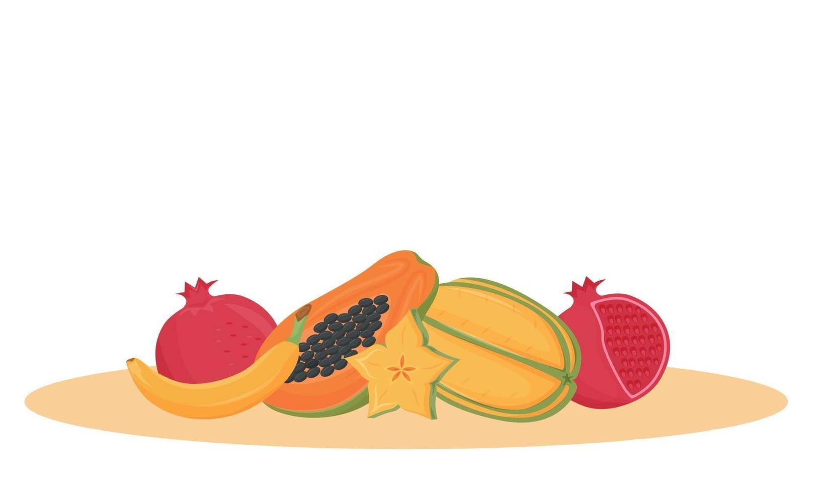 Exotic fruits cartoon vector illustration. Traditional Indian dessert, organic food flat color object. Papaya, banana, carambola tropical fruits variety isolated on white background