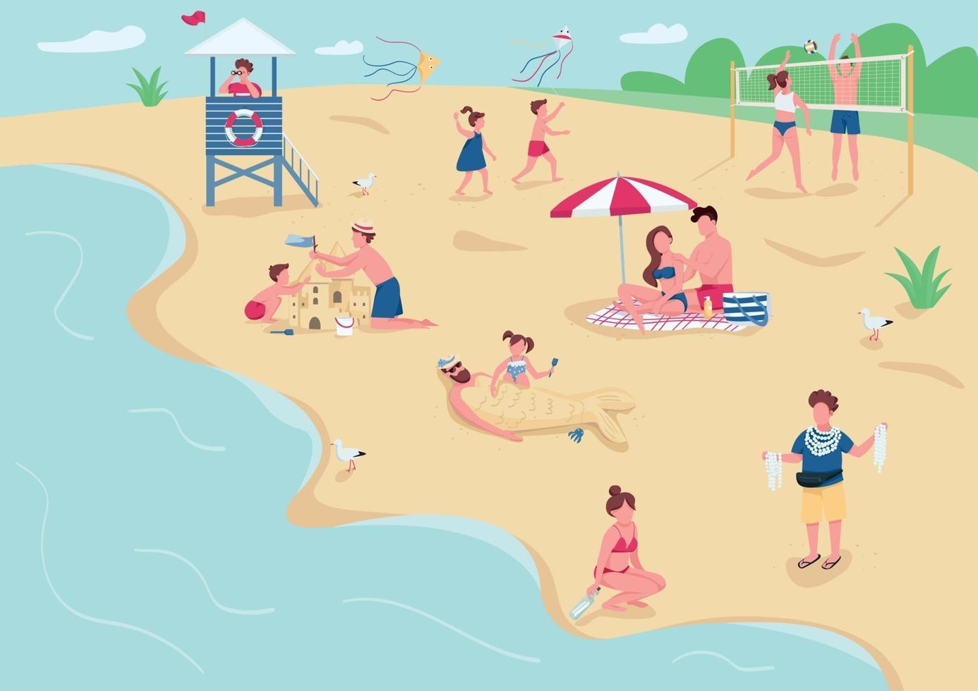 recreación en la ilustración de vector de color plano de playa de arena. gente tomando el sol, relajándose en mantas. Niños jugando, construyendo castillos de arena personajes de dibujos animados 2d con paisaje marino en el fondo