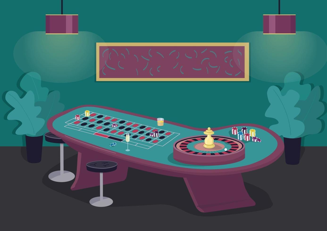 Roulette table flat color vector illustration. Spin wheel to win bet. Put stake on black and red. Gambling entertainment. Casino room 2D cartoon interior with luxury decoration on background