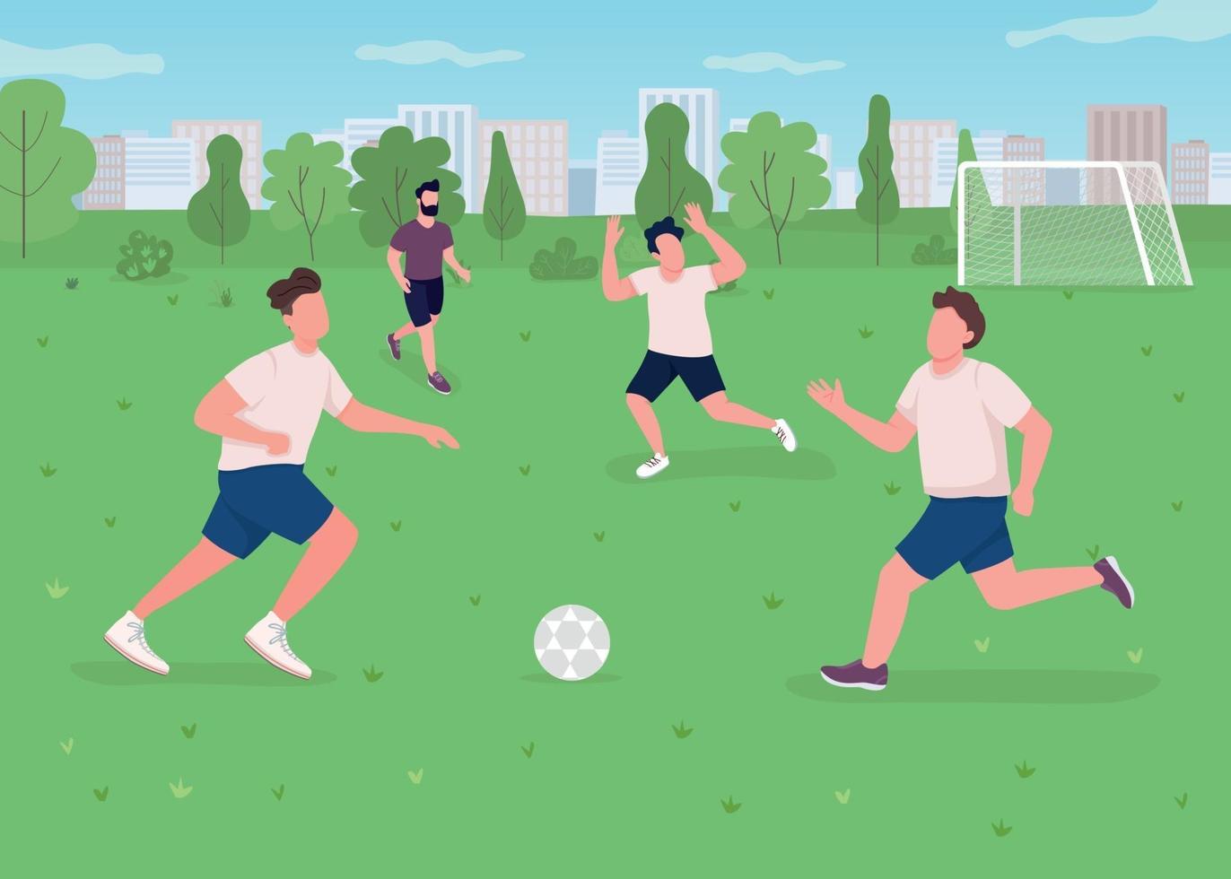 Outdoor football match flat color vector illustration