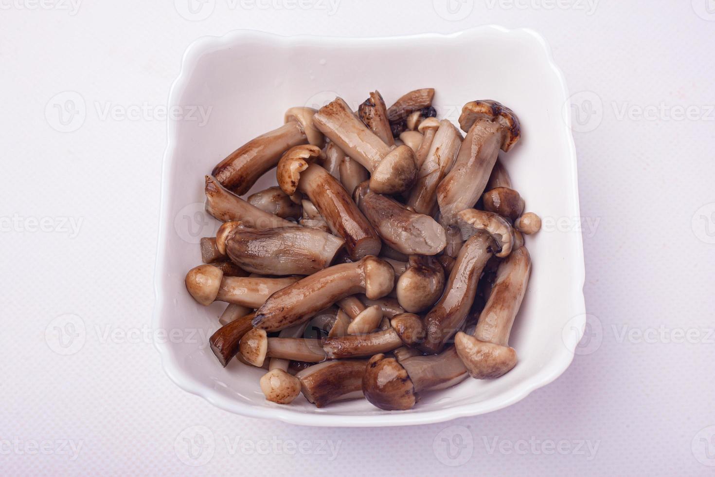 Small pickled mushrooms on white background photo