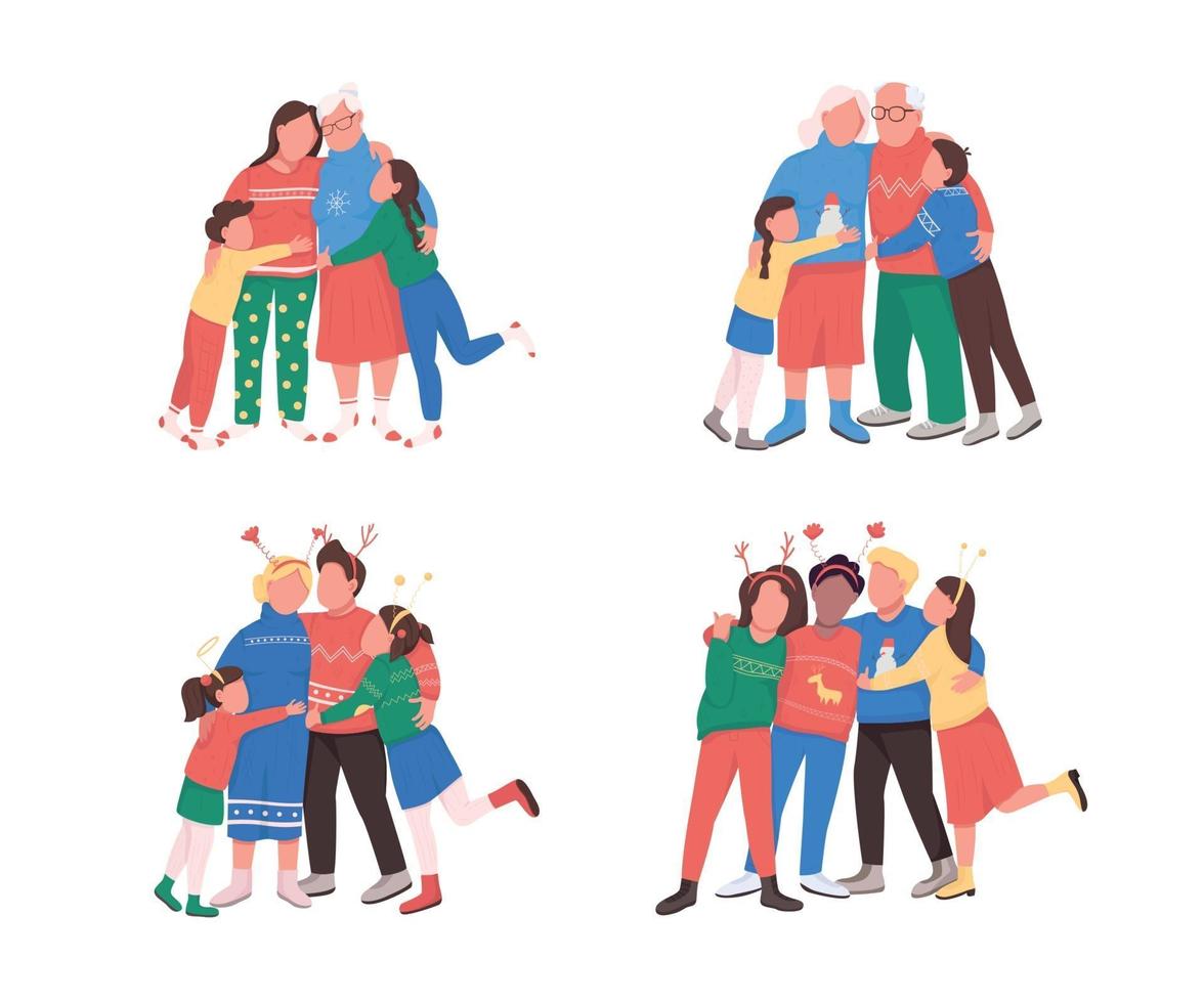 Family on winter holidays flat color vector faceless character set