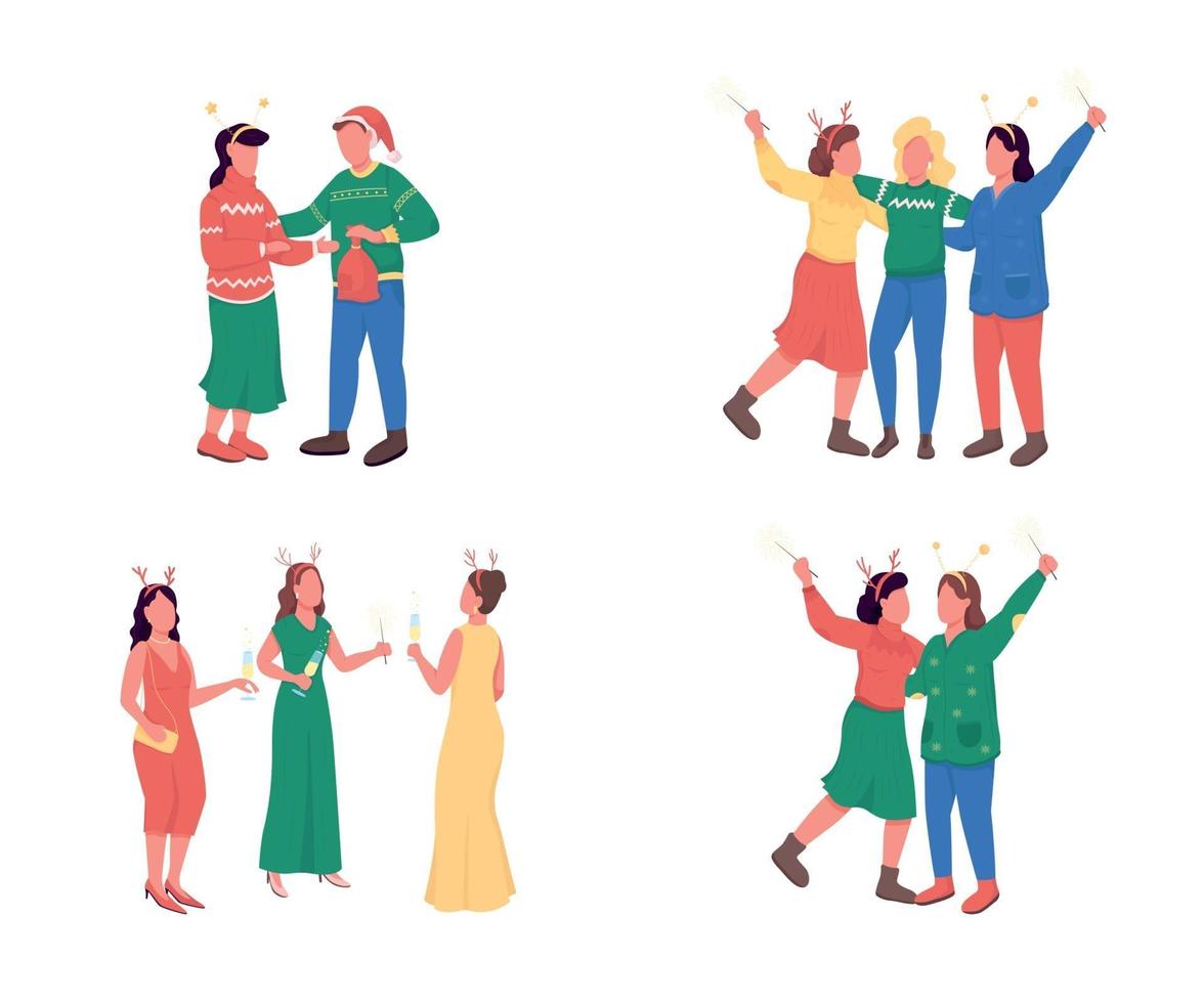 Friends on Christmas party flat color vector faceless character set