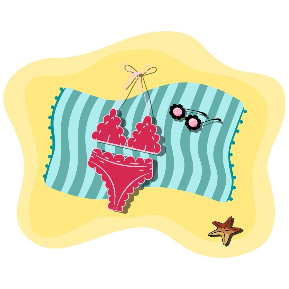 Vector illustration of beach blue towel laying on the sand with women swimsuit, sunglasses seashell on top of it. Sandy beach. Summer accessories