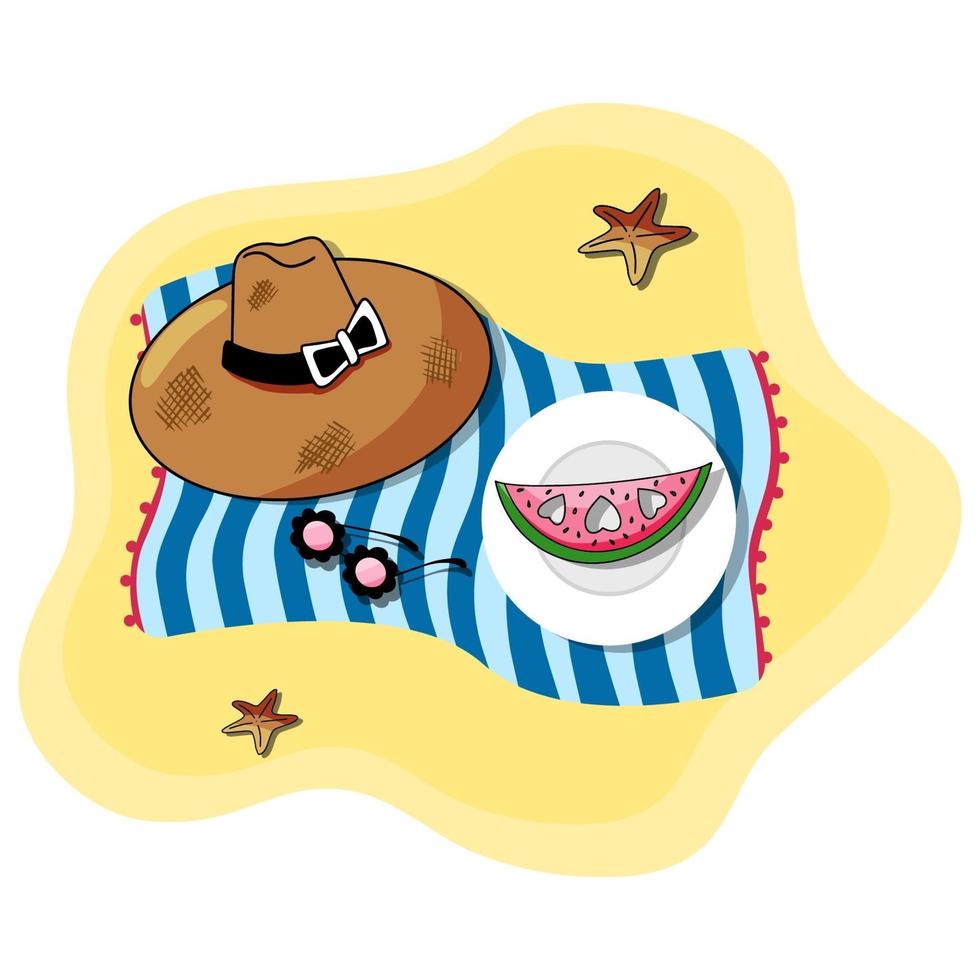 Vector illustration of beach blue towel laying on the sand with white plate and sliced watermelon, summer hat, sunglasses, and sea stars on top of it. Sandy beach. Summer accessories