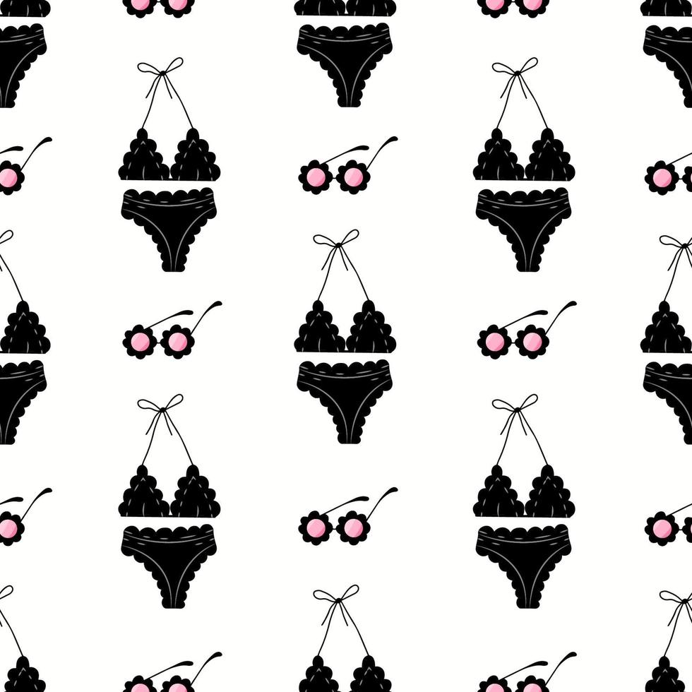 Vector seamless pattern with black swimsuit and black sunglasses on white background. Summer accessories