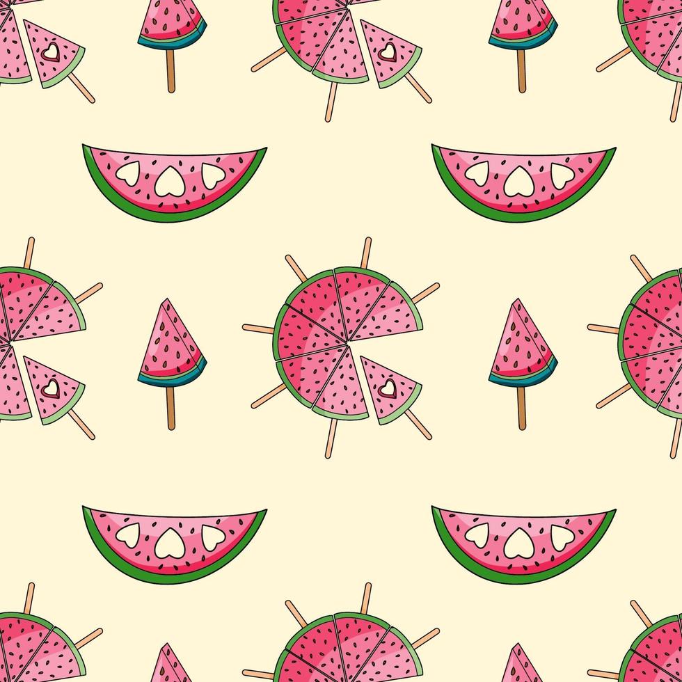 Vector seamless pattern with watermelon slices with hearts on beige background. Summer accessories