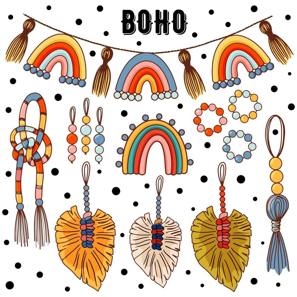 set of modern boho style. Vector hand drawn boho clipart for nursery decoration with cute rainbows. Perfect for baby shower, birthday, childrens party