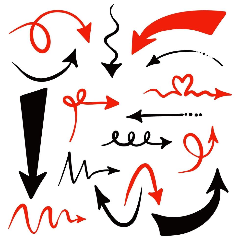 colección de signos de flechas dibujados a mano rojo y negro vector