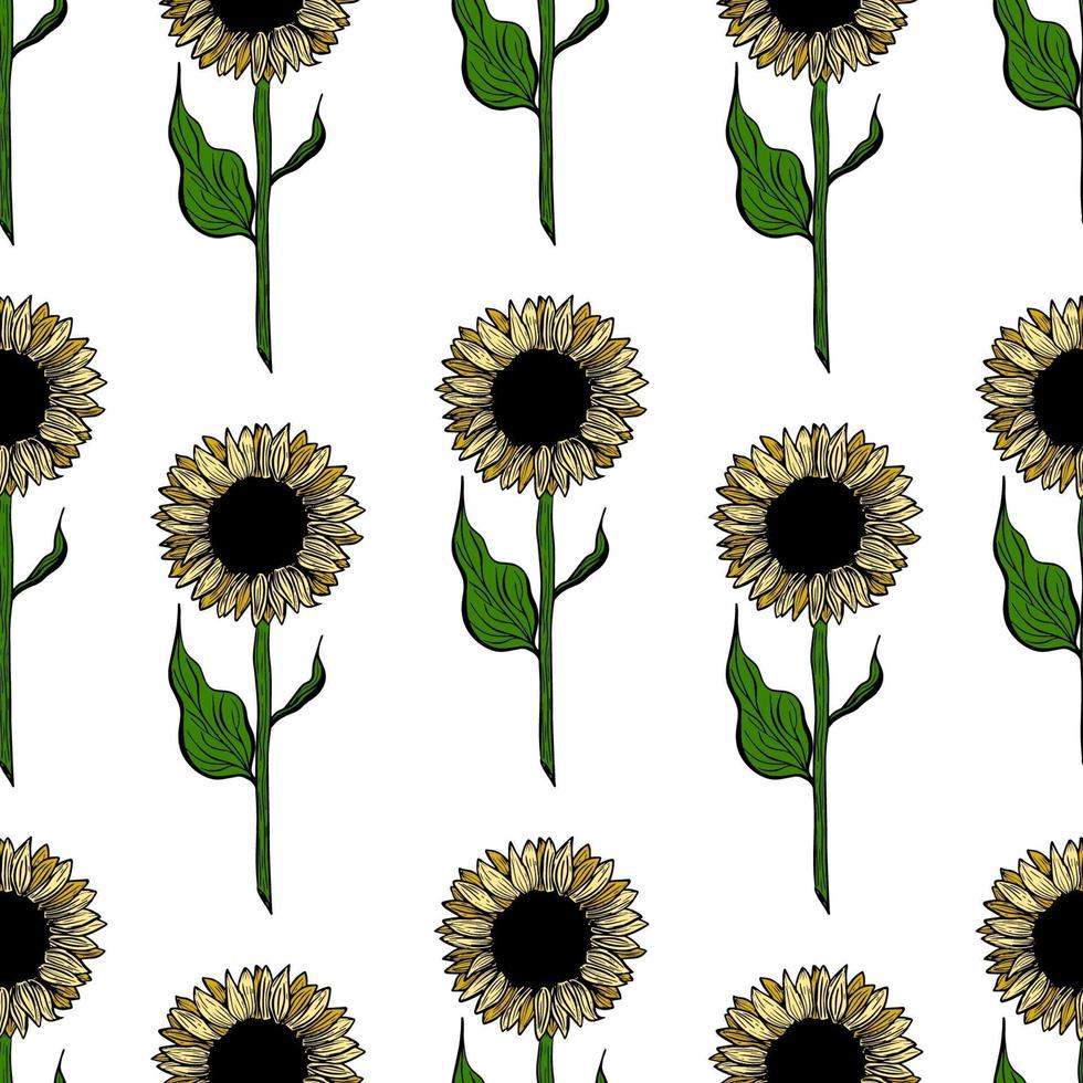 arte de línea de flor de girasol de patrones sin fisuras. Ilustración en negro, blanco y amarillo de un girasol. elemento de girasol floreciente decorativo dibujado a mano en vector
