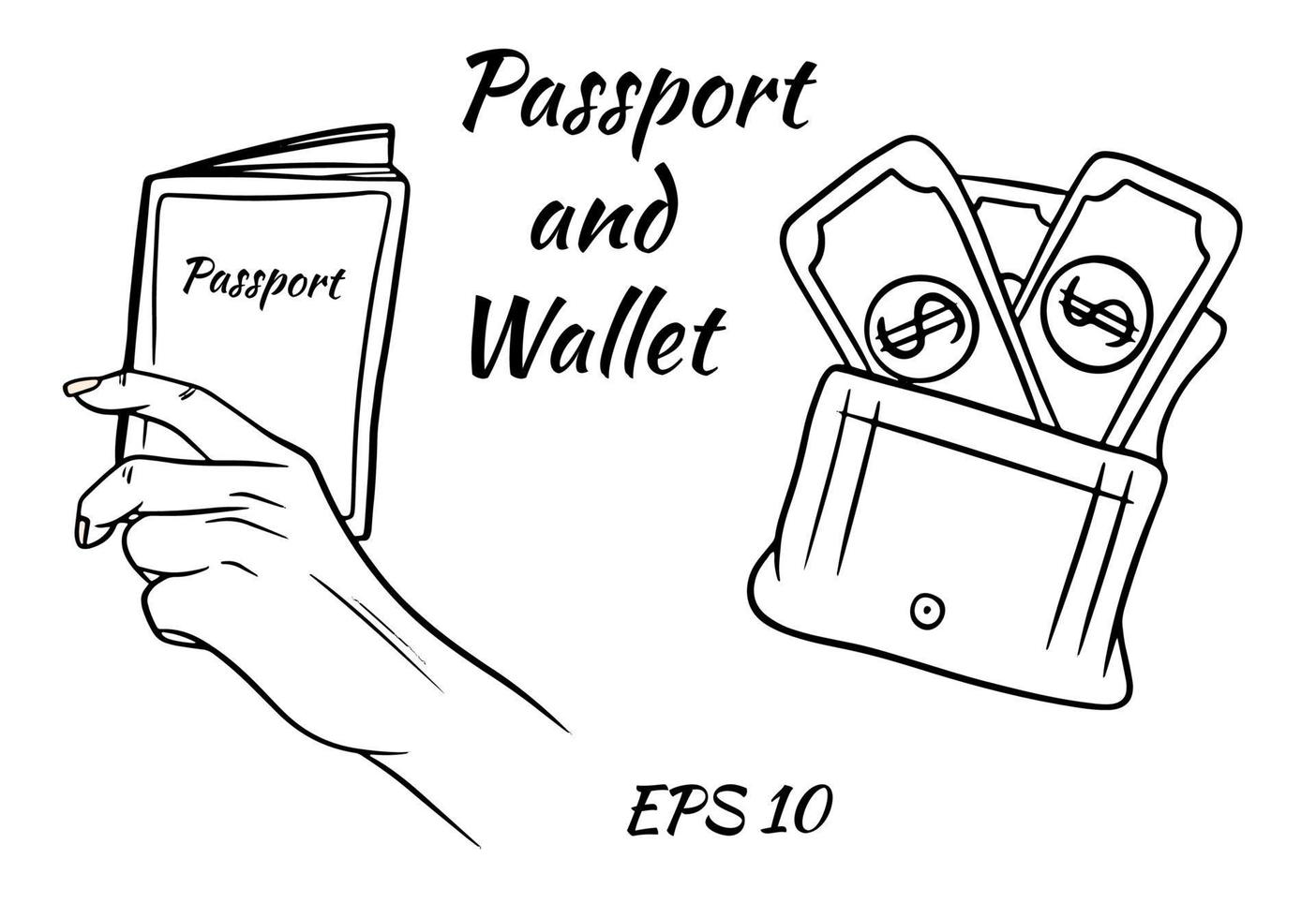 un juego de pasaporte en la mano y una billetera con dinero. vector