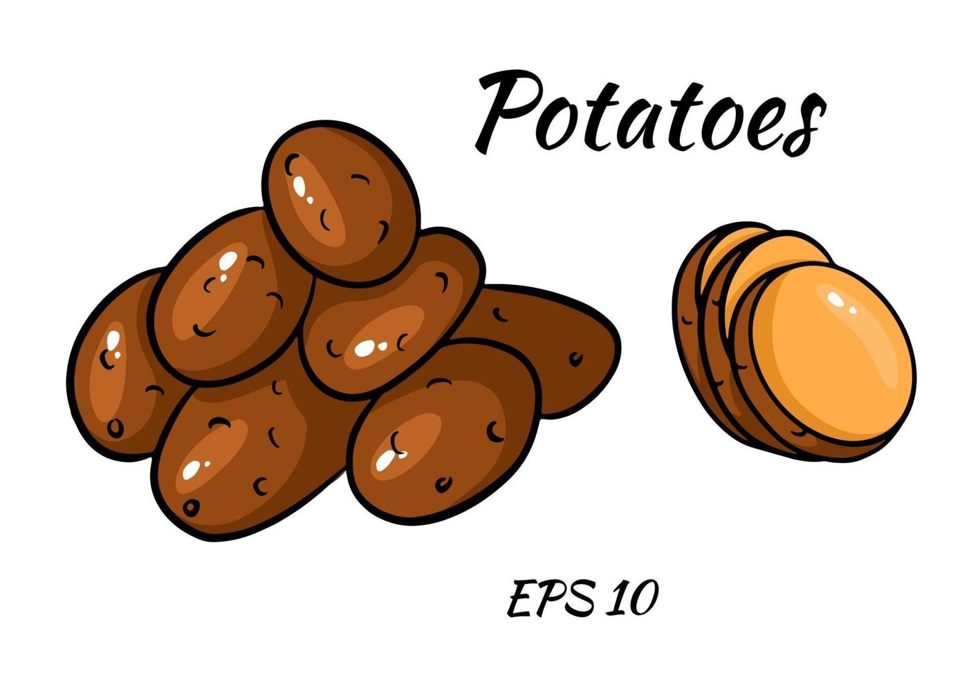 vector con imagen colorida de patatas. cortar las patatas en rodajas. conjunto de vectores aislado sobre fondo blanco.