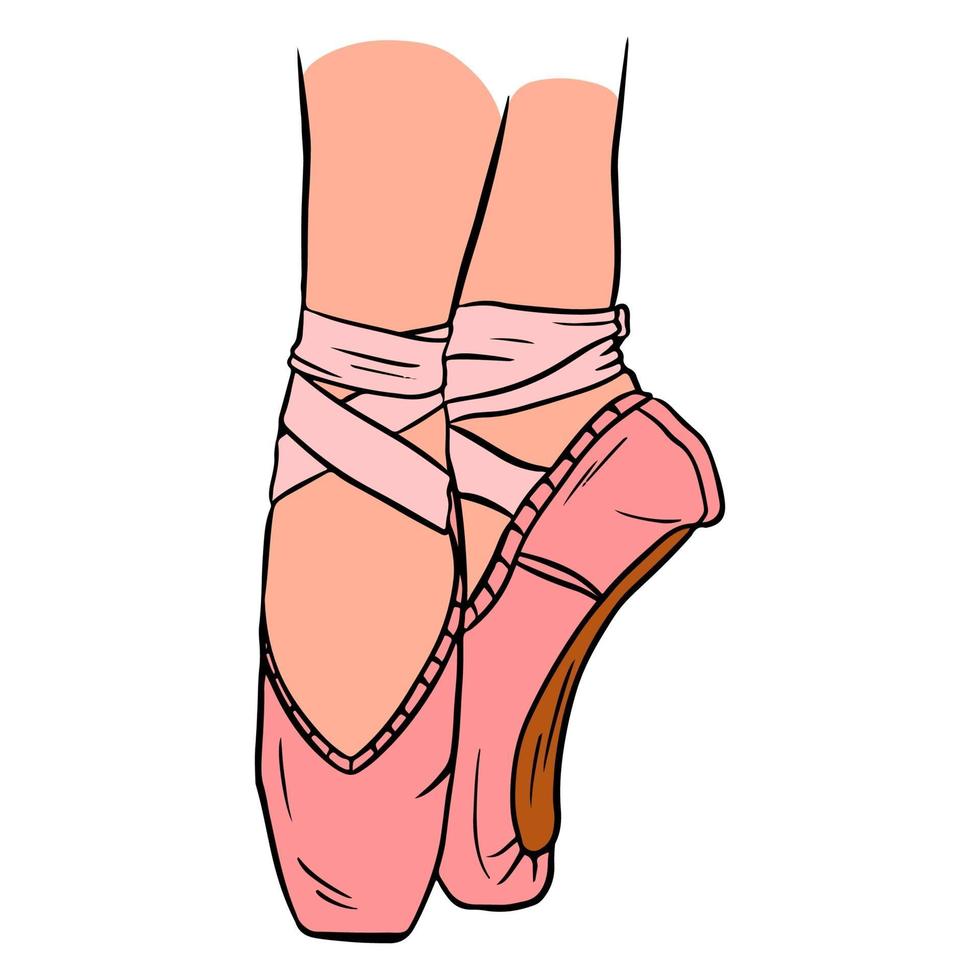 Ballet pointe shoes. Pink pointe shoes on the leg. vector