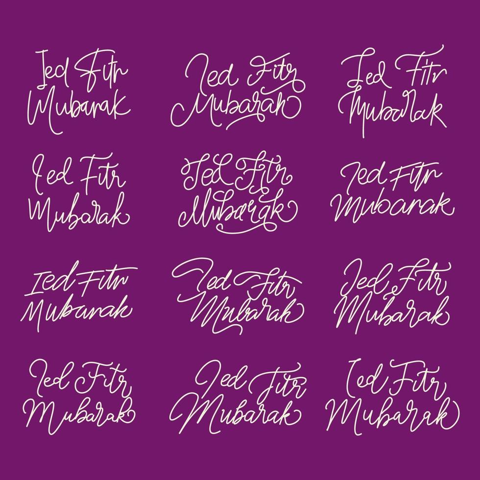 Eid fitr mubarak saludo de tipografía de letra de mano. paquete tipográfico swirly line de 12 letras a mano vector