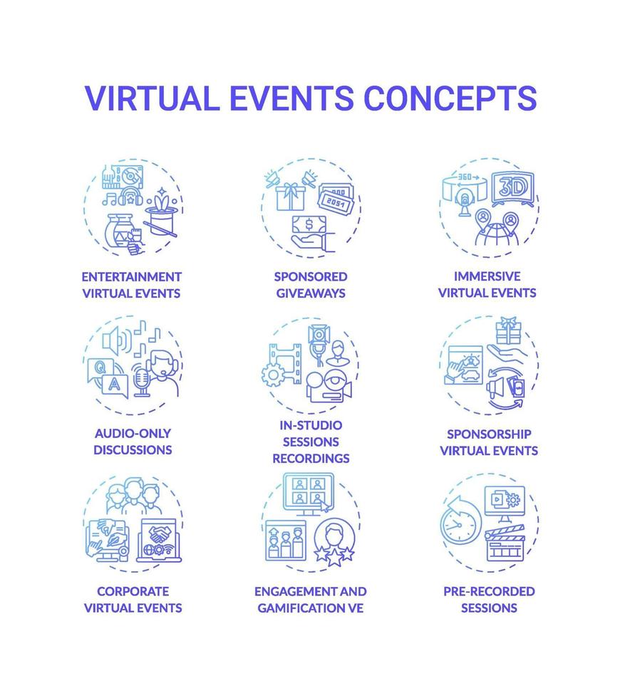 Conjunto de iconos de concepto de eventos virtuales vector