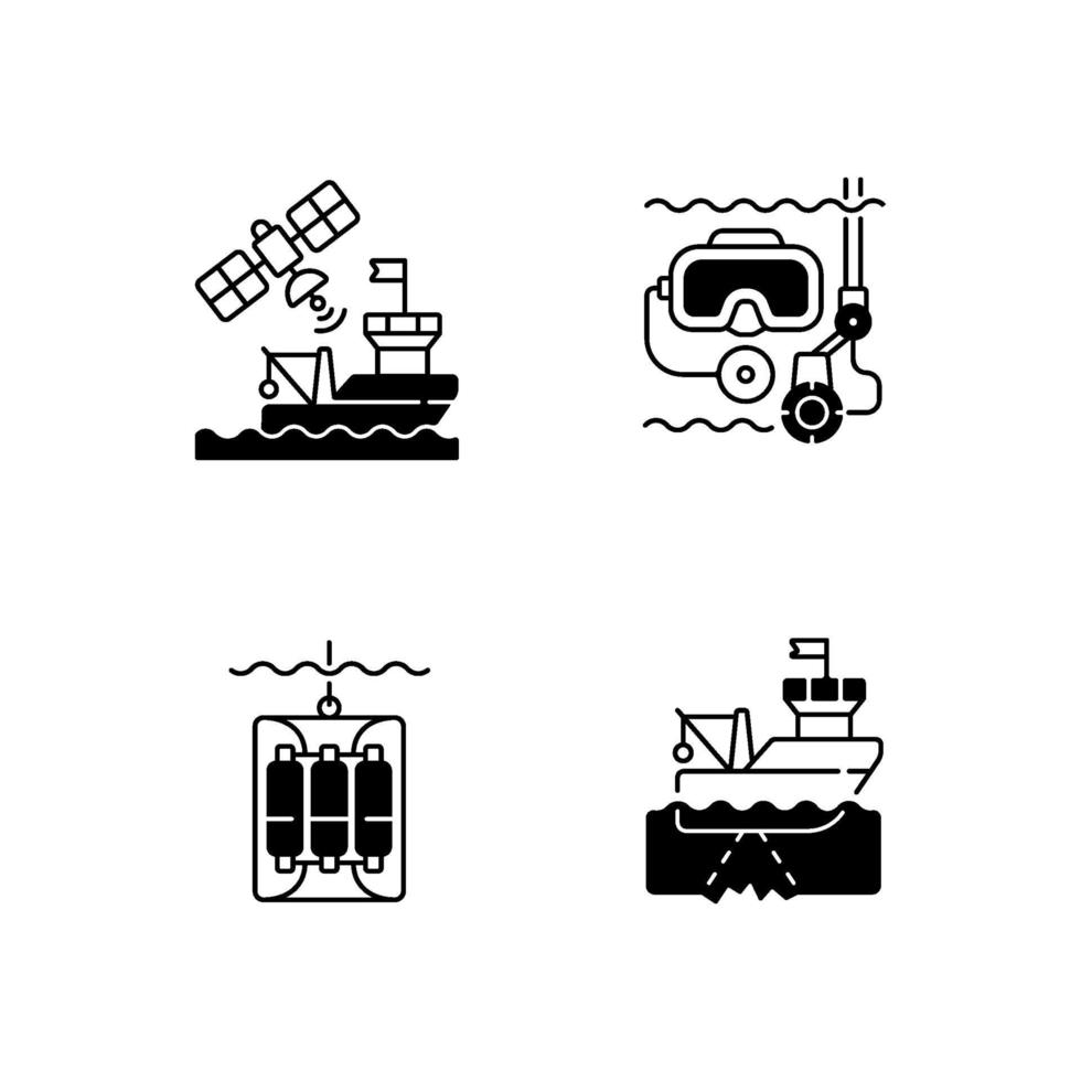 Marine exploration black linear icons set vector
