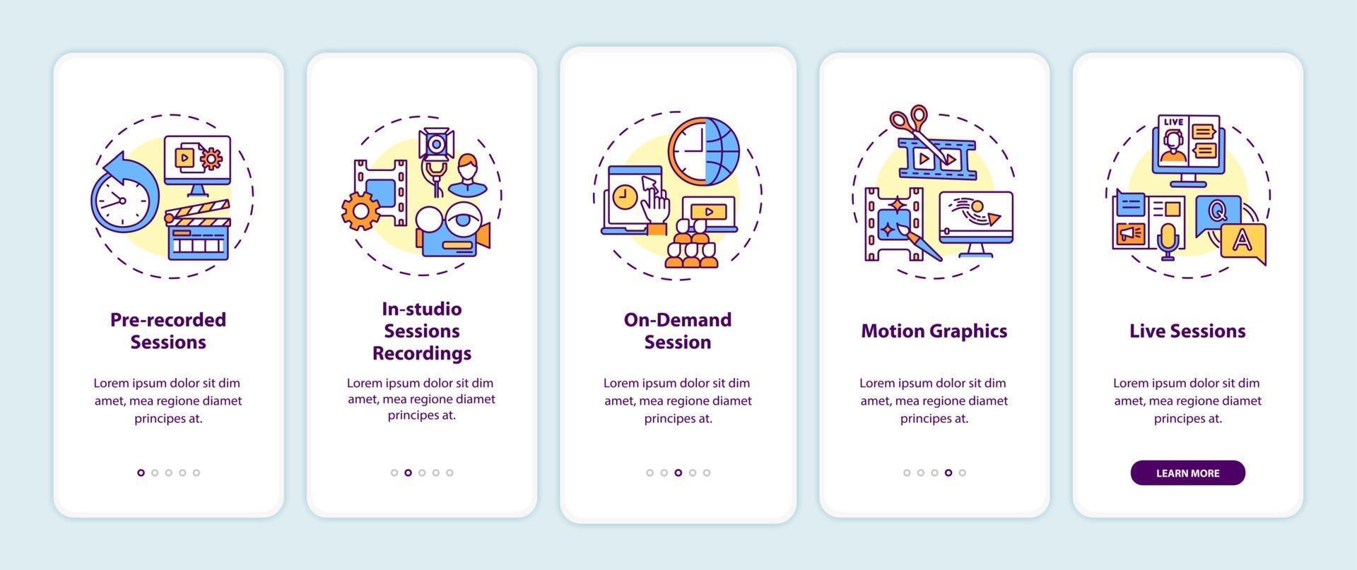 Virtual event content onboarding mobile app page screen with concepts vector