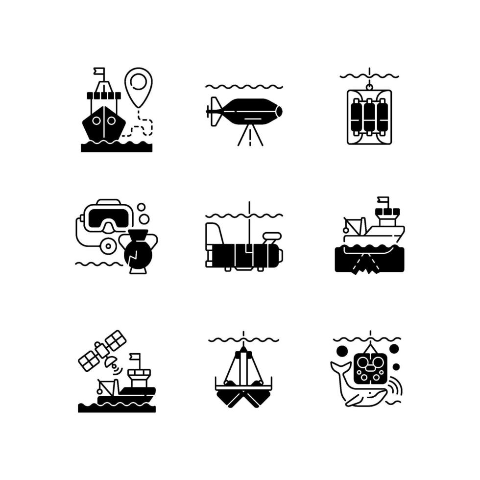 Marine exploration black linear icons set vector