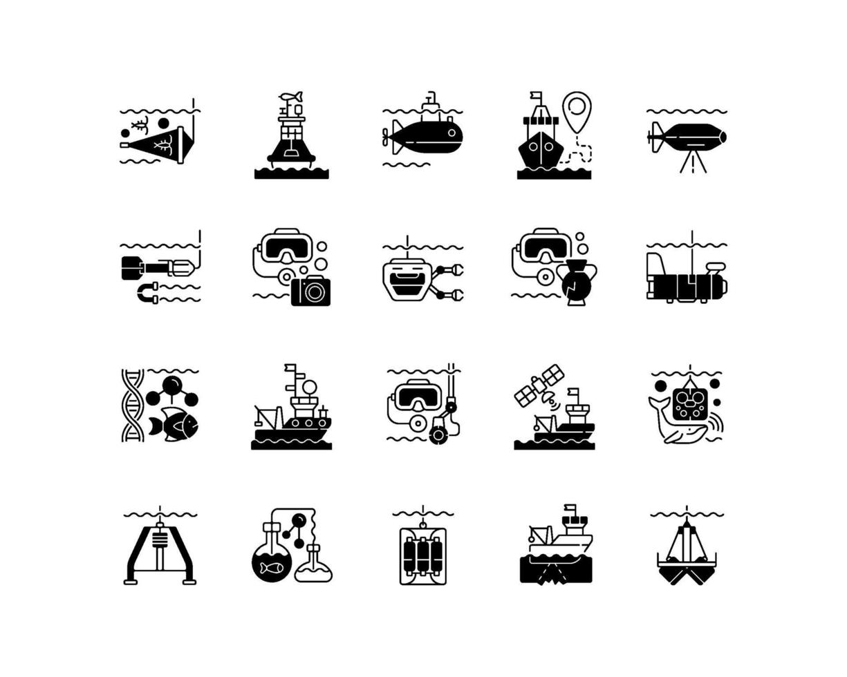 Marine exploration black linear icons set vector