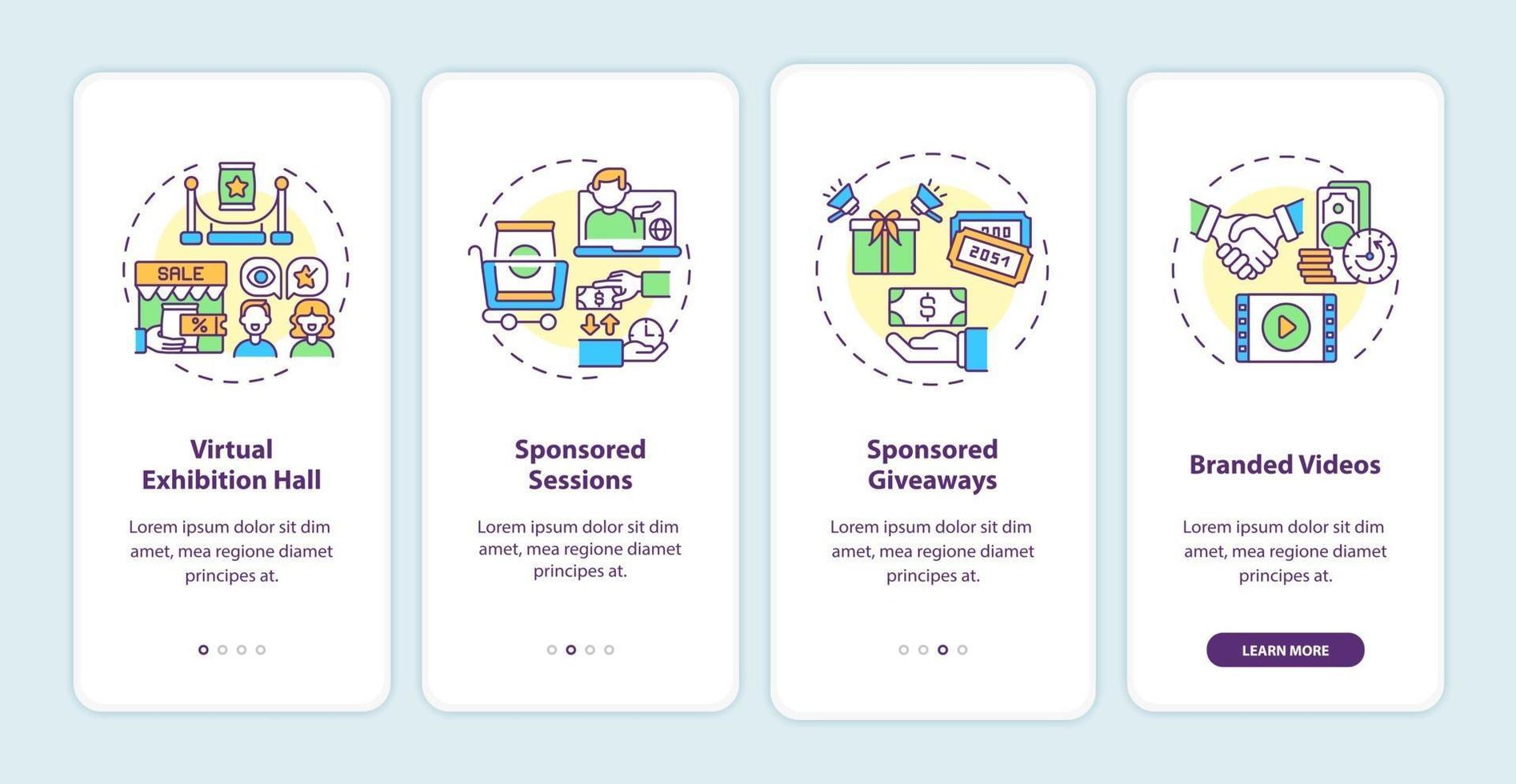 Sponsorship virtual events ideas onboarding mobile app page screen with concepts vector