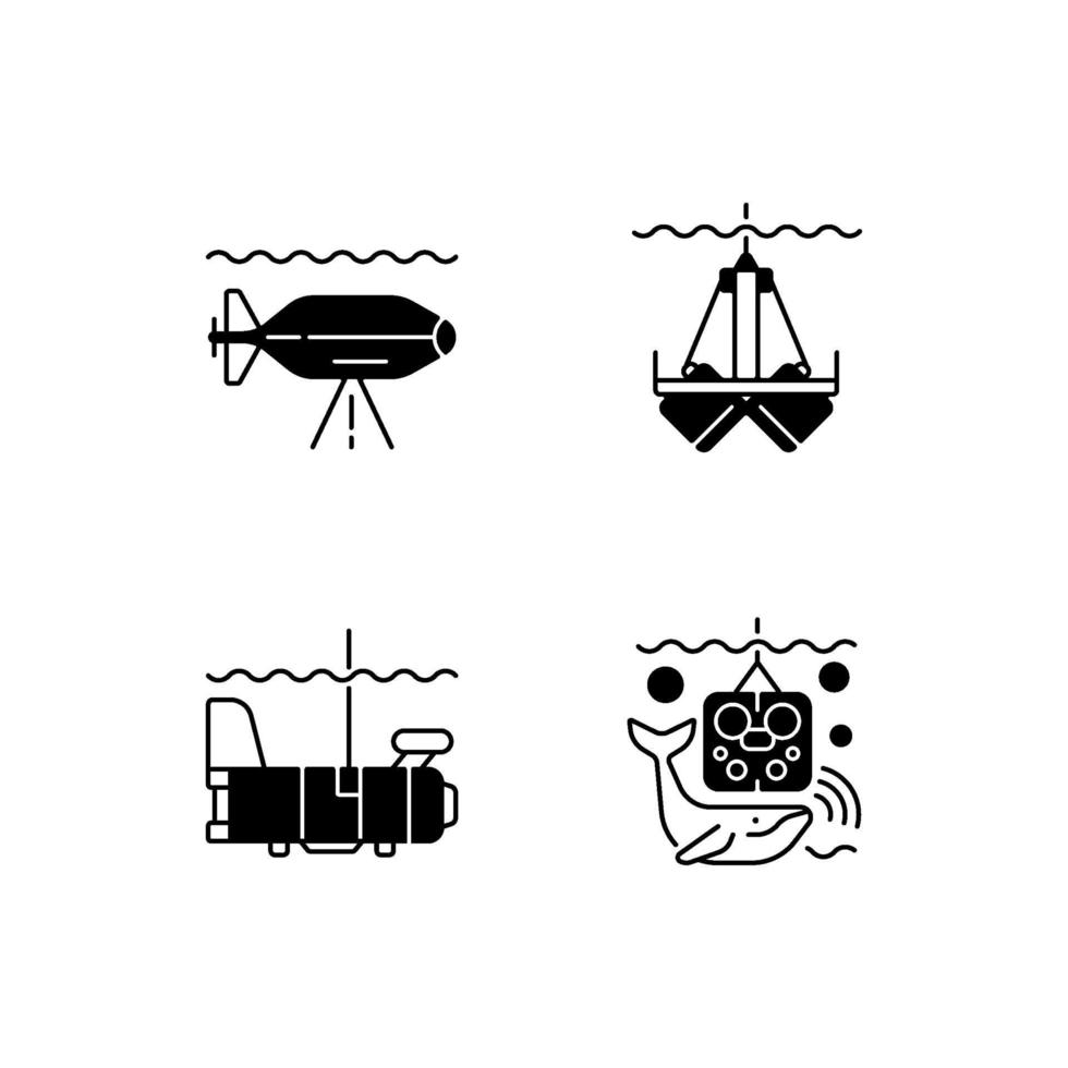 Marine exploration black linear icons set vector