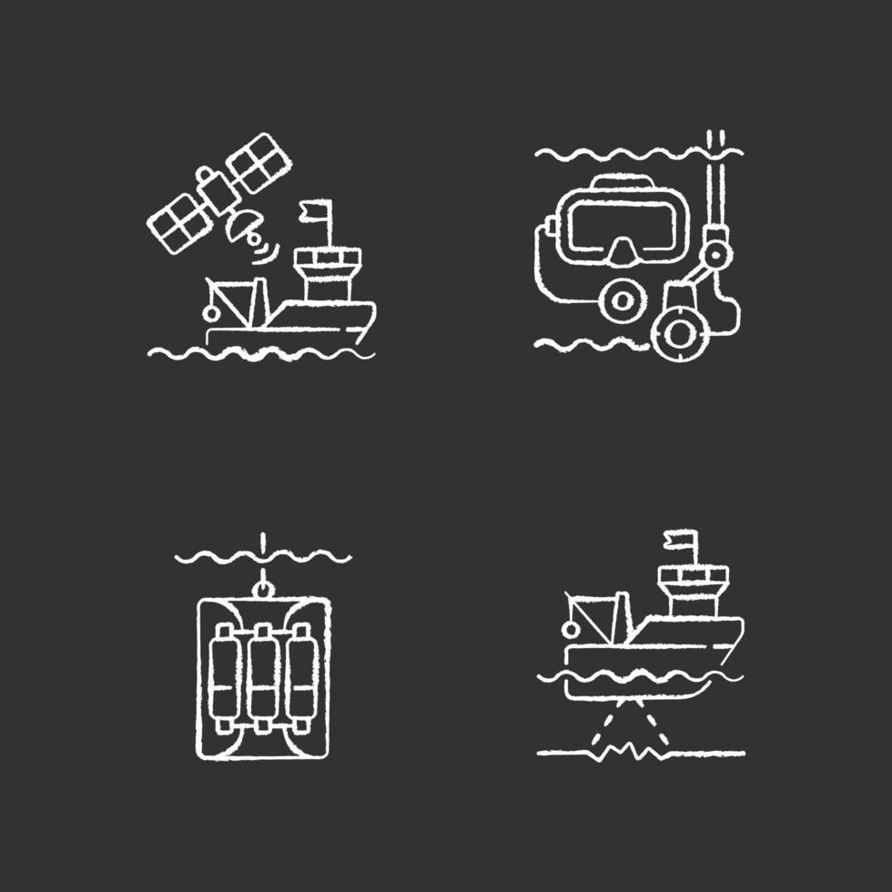 Iconos de tiza blanca de exploración marina en fondo negro vector