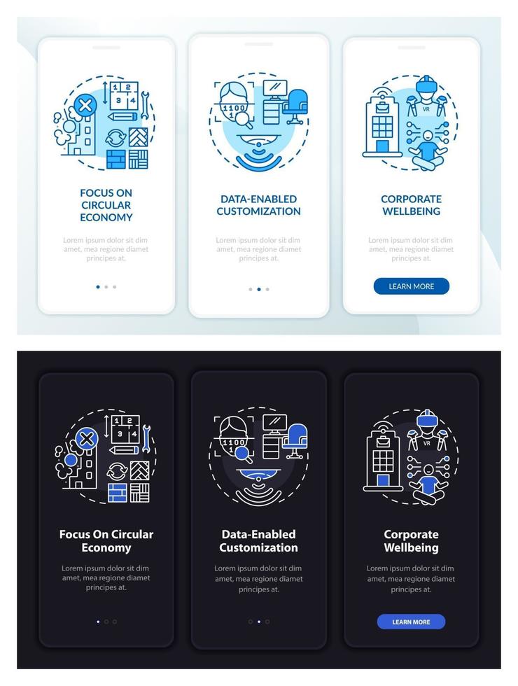 Pantalla de página de aplicación móvil de incorporación de diseño de oficina futura con conceptos vector