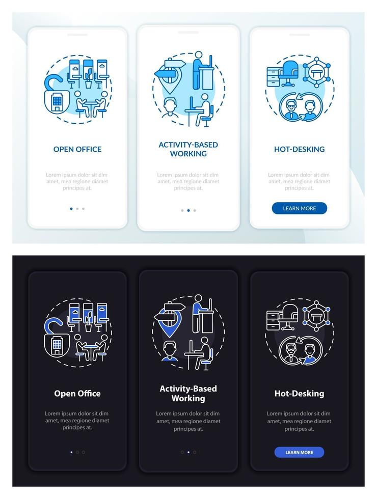 Future office environ onboarding mobile app page screen with concepts vector