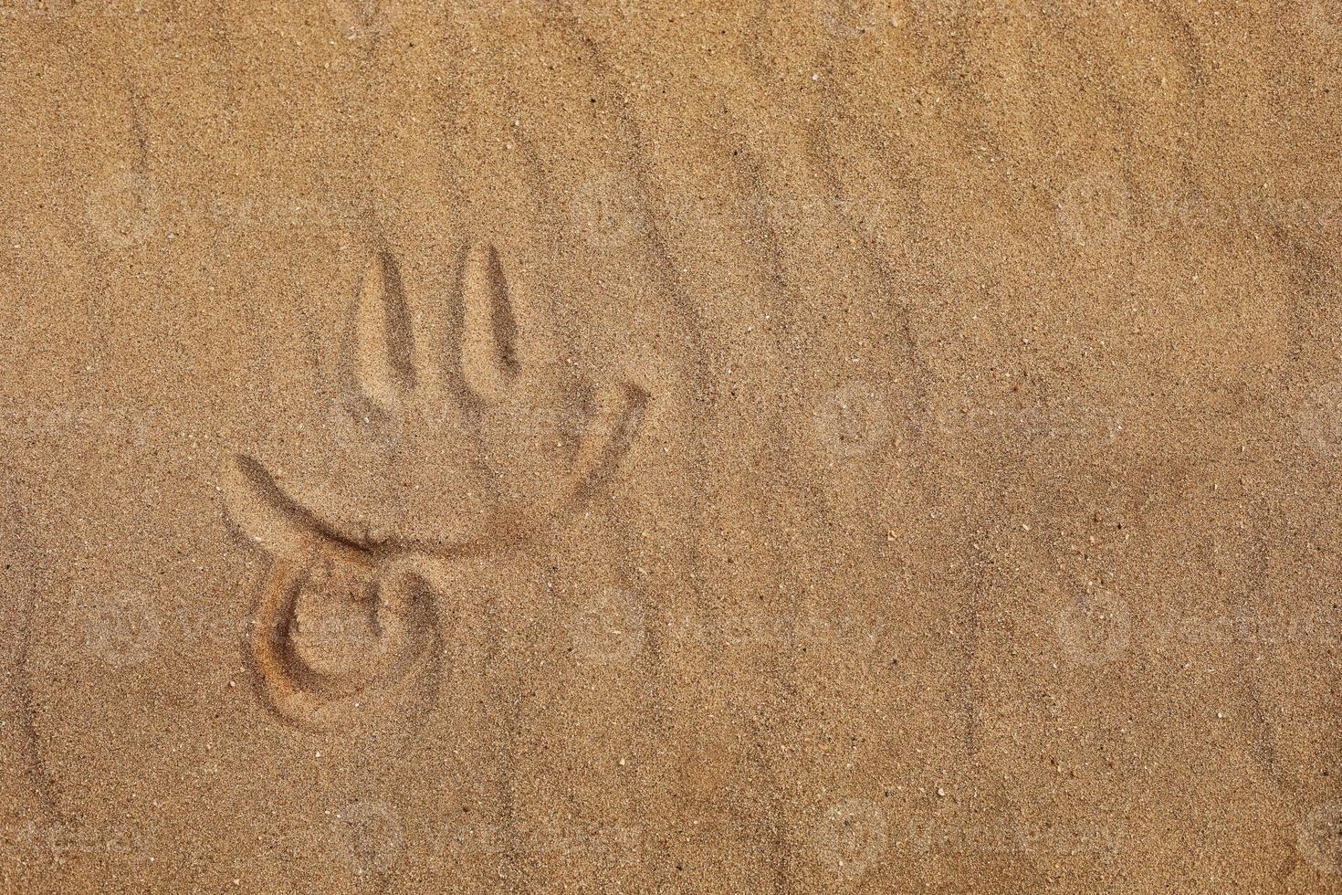 Cara sonriente con la lengua fuera hecha con el dedo en una playa de arena foto