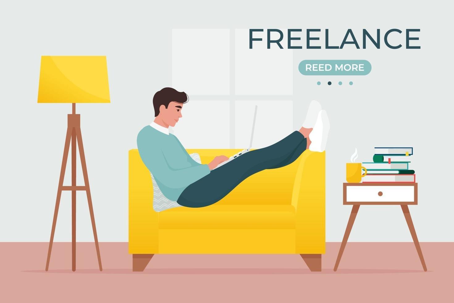 Man with laptop sitting on sofa. Work from home, freelance vector