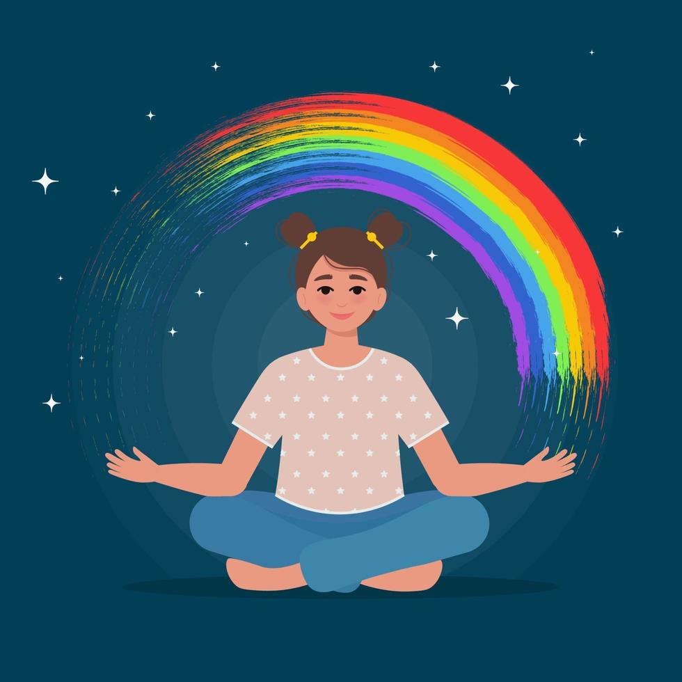 Happy teen girl holding a rainbow in hands vector