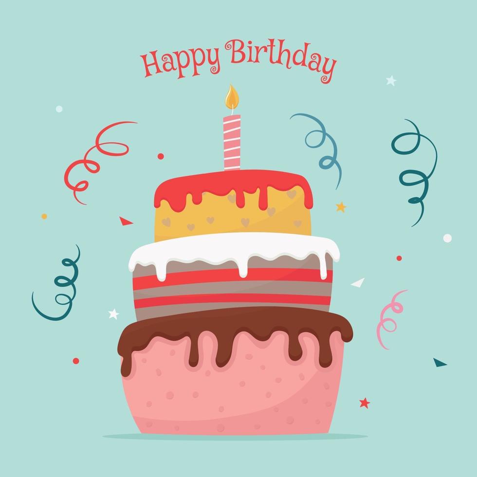 tarjeta de felicitación de feliz cumpleaños con pastel de tres niveles vector