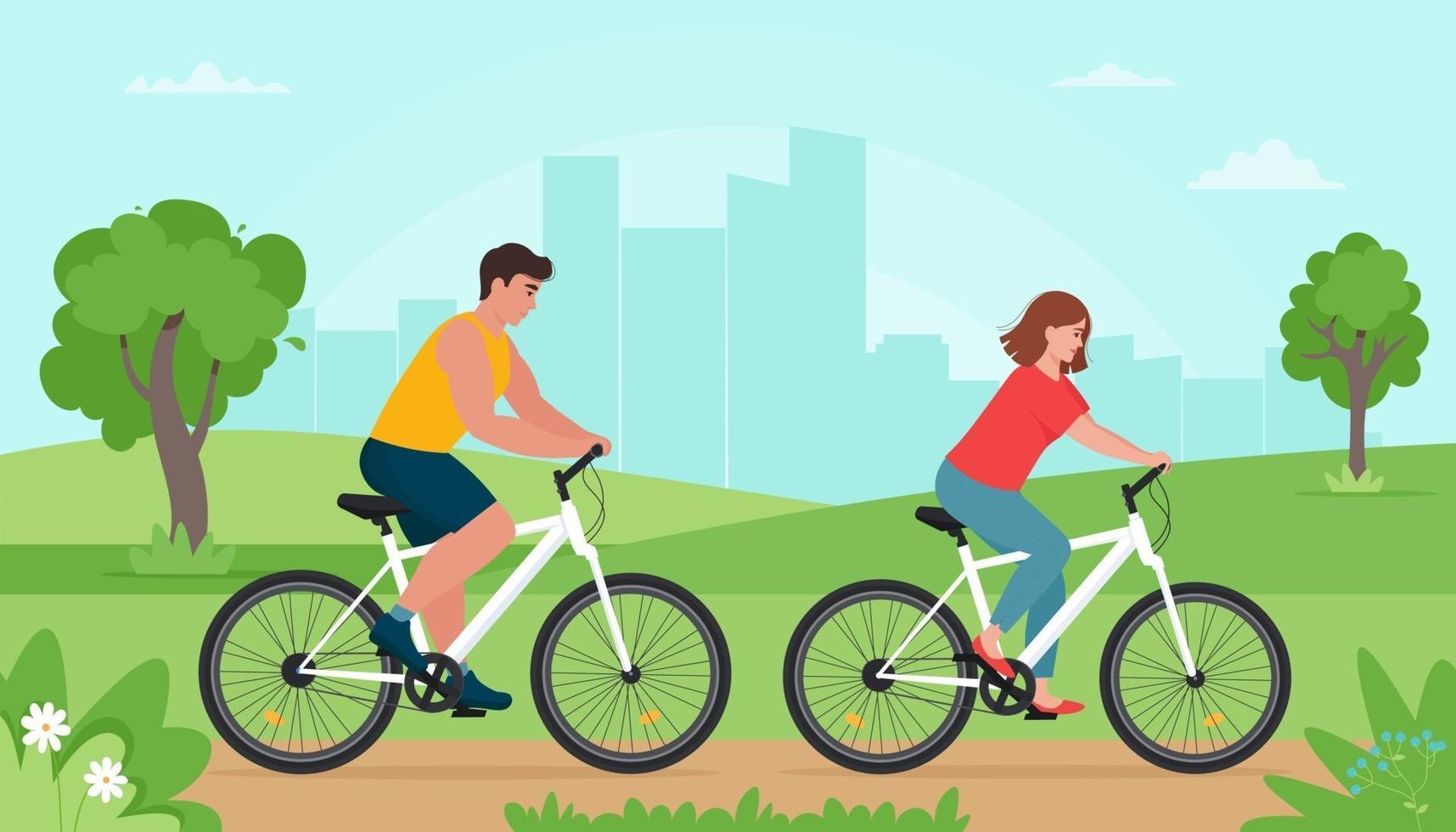 People riding bikes in the park at spring or summer time vector